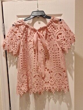 Chicwish-Blush Pink Crochet Lace Off-Shoulder Tie-Front Short Sleeve Top-Medium
